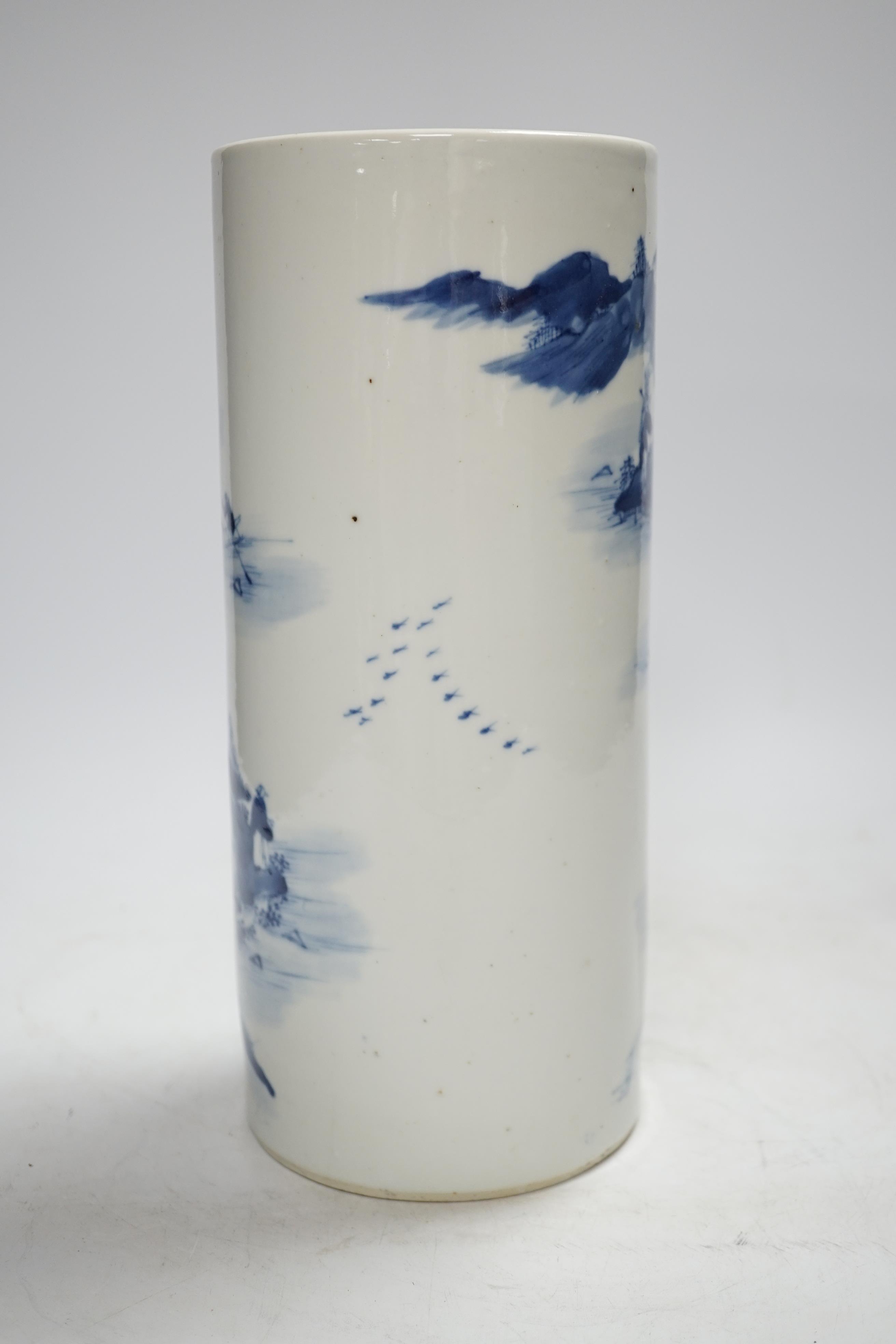 A 19th century Chinese blue and white cylindrical brushpot or sleeve vase, 28.5cm high